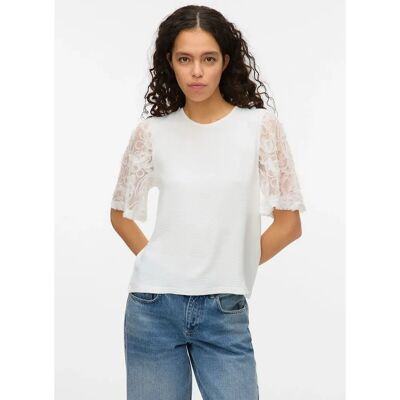 Vero Moda - Top vmNina - Hvid - Rund hals - Kort ballonærme - Meshstof med påsyede applikationer - Top Vero Moda - Top vmNina - Hvid - Rund hals - Kort ballonærme - Meshstof med påsyede applikationer - Top