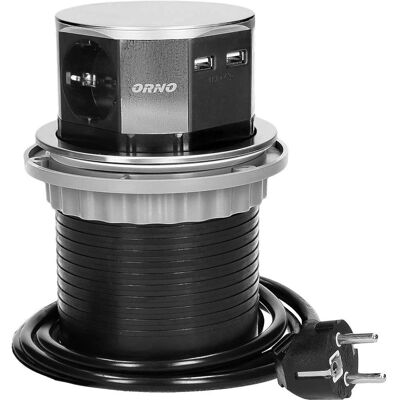 Orno Tomada embutida Pop-Up em inox com 3 Schuko & 2 USB QC 3.0 - 1,5m Orno Tomada embutida Pop-Up em inox com 3 Schuko & 2 USB QC 3.0 - 1,5m