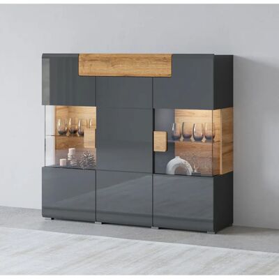 MUEBLES Austin F100 Vitrine - Antrazit brillant - Roble Nieto - 3 Türen MUEBLES Austin F100 Vitrine - Antrazit brillant - Roble Nieto - 3 Türen