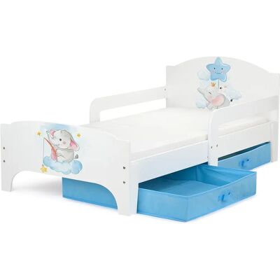Lit pour enfants en bois avec tiroir et matelas - Motif éléphant - Publicité Lit pour enfants en bois avec tiroir et matelas - Motif éléphant - Publicité