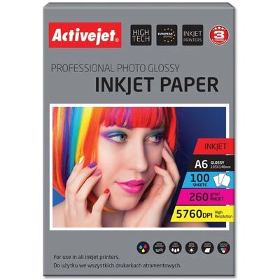 Papel fotográfico Activejet AP6-260GR100 - Blanco - A6 - Brillante - 100 hojas Papel fotográfico Activejet AP6-260GR100 - Blanco - A6 - Brillante - 100 hojas