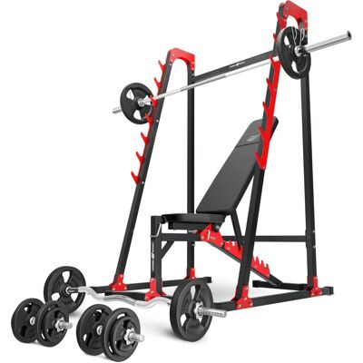 Zestaw do ćwiczeń z ciężarami Marbo Sport - Regulowana ławka, stojaki, 83kg hantle Zestaw do ćwiczeń z ciężarami Marbo Sport - Regulowana ławka, stojaki, 83kg hantle