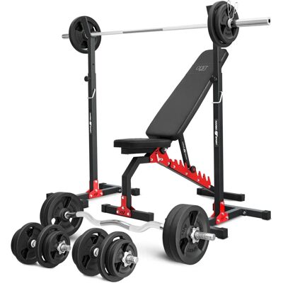 Zestaw regulowanej ławki treningowej Marbo Sport z podpórkami i talerzami - Trening siłowy Zestaw regulowanej ławki treningowej Marbo Sport z podpórkami i talerzami - Trening siłowy