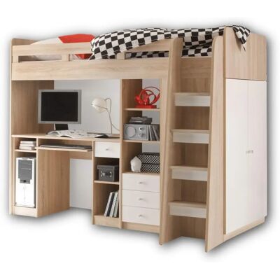 Carryhome Hochbett - 90/200 cm - weiß, Eiche - Loft Bed Carryhome Hochbett - 90/200 cm - weiß, Eiche - Loft Bed