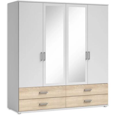 SCHLAFKONTOR Ivar Kleiderschrank - 4-türig, Spiegel, Weiß & Eiche Sonoma SCHLAFKONTOR Ivar Kleiderschrank - 4-türig, Spiegel, Weiß & Eiche Sonoma