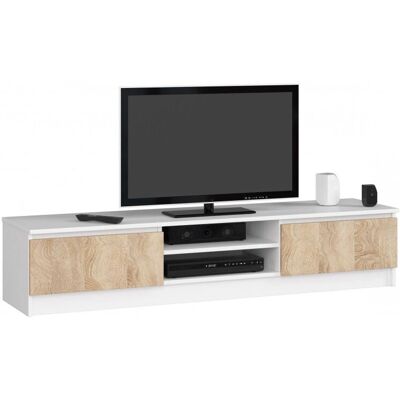 Akord - TV-Sideboard - Weiß & Eiche - 160cm - 2 Regale - Niedriges Profil Akord - TV-Sideboard - Weiß & Eiche - 160cm - 2 Regale - Niedriges Profil