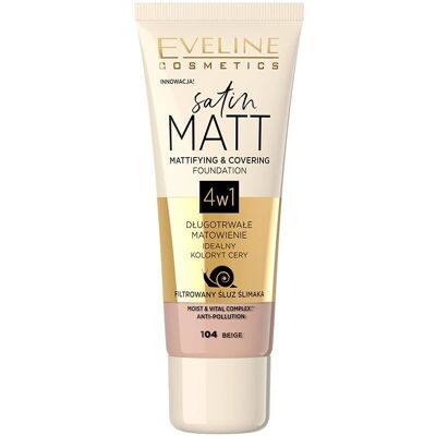 Fond de teint Eveline Satin Matt 4 en 1 - 104 Beige - Matifiant & couvrant - Publicité Fond de teint Eveline Satin Matt 4 en 1 - 104 Beige - Matifiant & couvrant - Publicité