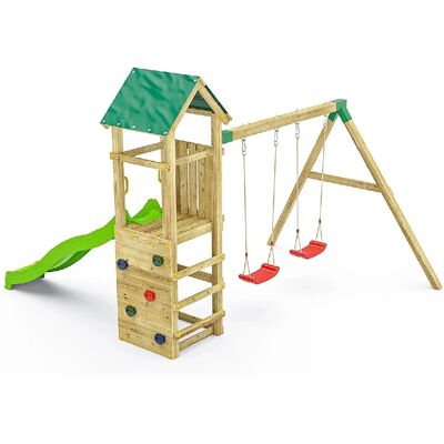 Aire de jeux en bois Fungoo Charly avec double portique et toboggan - Publicité Aire de jeux en bois Fungoo Charly avec double portique et toboggan - Publicité