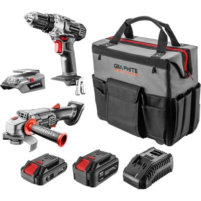 Graphite Elektrowerkzeug-Set - Bohrer, Winkelschleifer, USB-Lampe Graphite Elektrowerkzeug-Set - Bohrer, Winkelschleifer, USB-Lampe