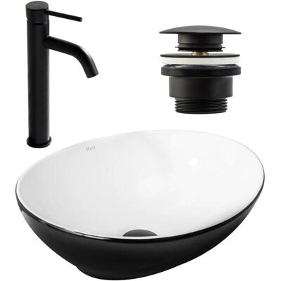 Set de lavabo Sofia Blanco Negro con grifo Lungo negro mate + tapón negro mate - Baño Set de lavabo Sofia Blanco Negro con grifo Lungo negro mate + tapón negro mate - Baño