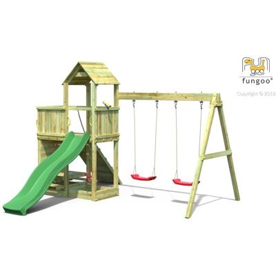 Parco giochi in legno Fungoo Floppi - Scivolo, altalene & parete di arrampicata - Sicuro per bambini Parco giochi in legno Fungoo Floppi - Scivolo, altalene & parete di arrampicata - Sicuro per bambini