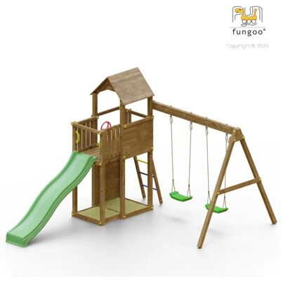 Tour de jeu en bois FUNGOO avec toboggan et balançoires - Aire de jeux pour enfants - Publicité Tour de jeu en bois FUNGOO avec toboggan et balançoires - Aire de jeux pour enfants - Publicité