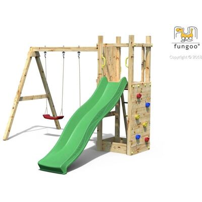 FUNGOO Funny 3 Aire de jeux - Structure en bois avec toboggan et balançoires - Publicité FUNGOO Funny 3 Aire de jeux - Structure en bois avec toboggan et balançoires - Publicité