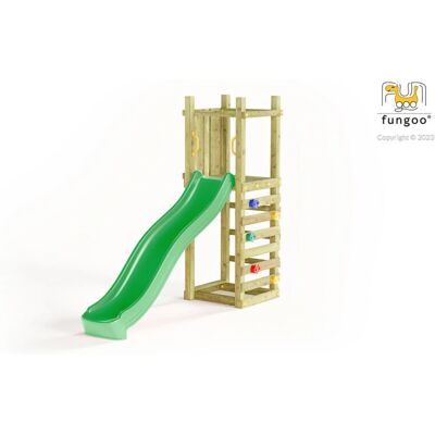 Aire de jeux en bois Fungoo avec toboggan et mur d’escalade - Publicité Aire de jeux en bois Fungoo avec toboggan et mur d’escalade - Publicité