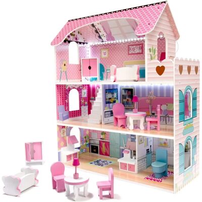 Pricenet MDF Puppenhaus + Möbel - 70cm Pink LED Pricenet MDF Puppenhaus + Möbel - 70cm Pink LED