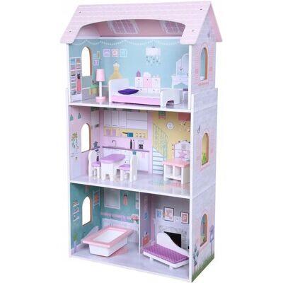 Ecotoys Holzpuppenhaus - 3 Etagen, 8 Möbelteile Ecotoys Holzpuppenhaus - 3 Etagen, 8 Möbelteile
