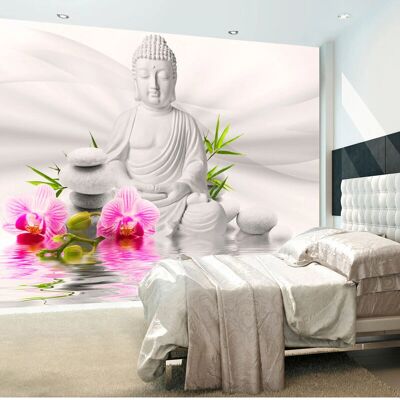 Artgeist Buddha et Orchids Papier Peint - Gris/Beige/Rose - Décoration Murale - Publicité Artgeist Buddha et Orchids Papier Peint - Gris/Beige/Rose - Décoration Murale - Publicité