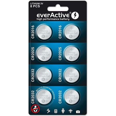 Conjunto de Baterias EverActive - 8 pilhas de lítio, 10 anos de duração Conjunto de Baterias EverActive - 8 pilhas de lítio, 10 anos de duração