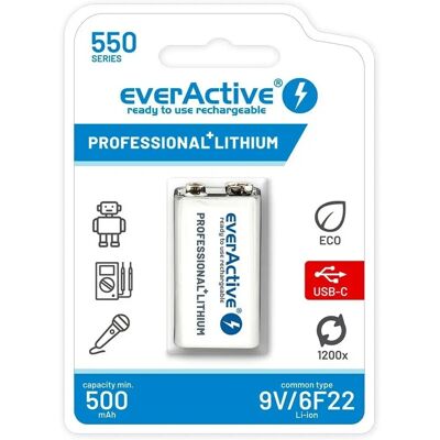 Everactive 9V Wiederaufladbare Batterie - Lithium-Ion 550mAh USB C Everactive 9V Wiederaufladbare Batterie - Lithium-Ion 550mAh USB C