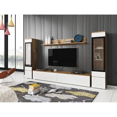Conjunto modular de salón Sarasota 126 - Roble Wotan, Blanco brillante, Mesa TV Conjunto modular de salón Sarasota 126 - Roble Wotan, Blanco brillante, Mesa TV