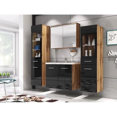 Conjunto de baño Mobilier1 Sarasota 140 - Patas altas, Espejo, Roble Wotan, Negro brillante Conjunto de baño Mobilier1 Sarasota 140 - Patas altas, Espejo, Roble Wotan, Negro brillante