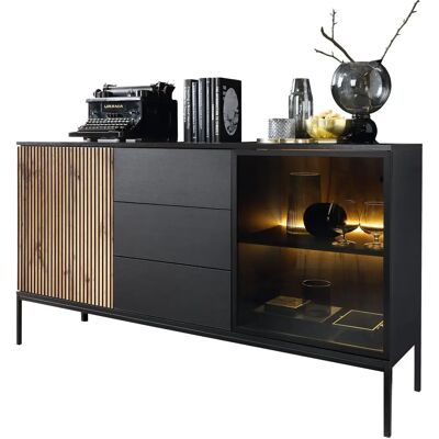 MUEBLES Vitrina Lima H104 - Černá, Wotan dub, s dveřmi a zásuvkami MUEBLES Vitrina Lima H104 - Černá, Wotan dub, s dveřmi a zásuvkami
