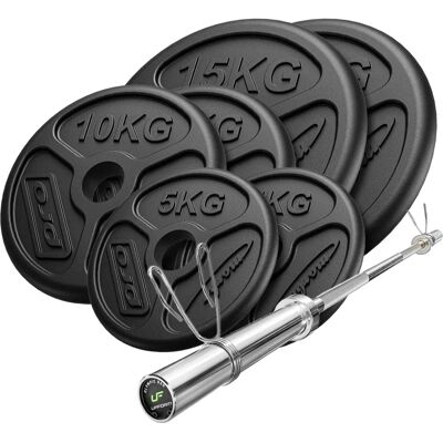 Ensemble Barre Olympique Marbo Sport - 180cm, 75kg, avec Disques - Publicité Ensemble Barre Olympique Marbo Sport - 180cm, 75kg, avec Disques - Publicité