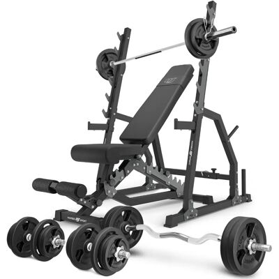 Regulowana ławeczka treningowa Marbo Sport z podporami i ciężarami 113kg Regulowana ławeczka treningowa Marbo Sport z podporami i ciężarami 113kg