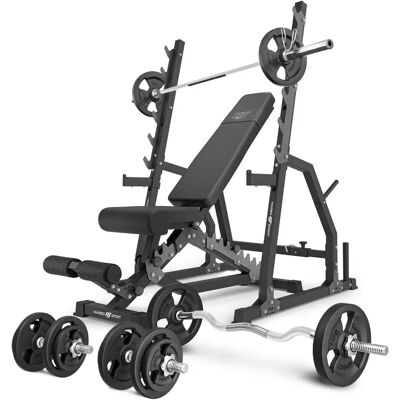 Podwójna ławka Marbo Sport z regulowanymi podpórkami i zestawem 83 kg Podwójna ławka Marbo Sport z regulowanymi podpórkami i zestawem 83 kg