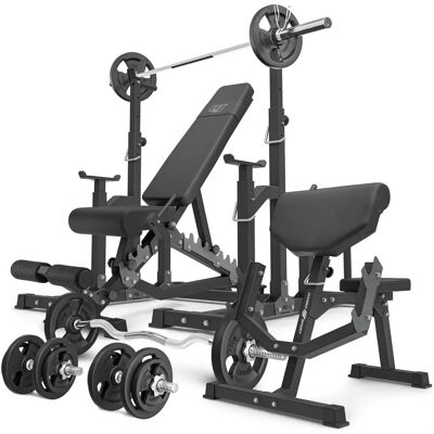 Podwójna ławka Marbo Sport + regulowane podpory + zestaw ciężarów 83 kg Podwójna ławka Marbo Sport + regulowane podpory + zestaw ciężarów 83 kg