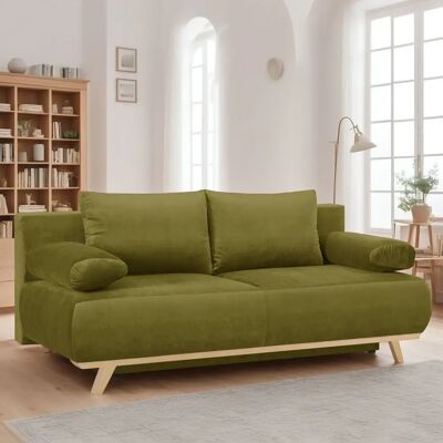 Laria - Canapé convertible 3 places - Vert olive velours - Coffre de rangement - Sofa bed - Publicité Laria - Canapé convertible 3 places - Vert olive velours - Coffre de rangement - Sofa bed - Publicité