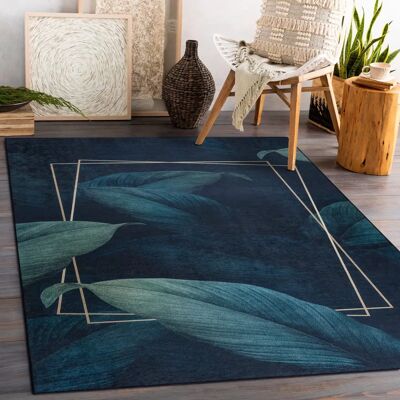 ANDRE 1170 Blue Geometric Leaves Washable Rug - W ANDRE 1170 Blue Geometric Leaves Washable Rug - W