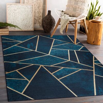 ANDRE 1173 Machine Washable Non-slip Geometric Carpet - Blue & Gold - 80x150cm ANDRE 1173 Machine Washable Non-slip Geometric Carpet - Blue & Gold - 80x150cm