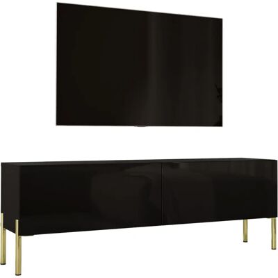 Nowoczesny Stojak TV Canton - 140cm, Czarny/Mat, Złote Nogi Nowoczesny Stojak TV Canton - 140cm, Czarny/Mat, Złote Nogi