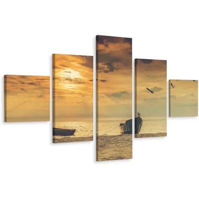 DOBOXA - Boten op het strand bij zonsondergang - 5-panel - Wandkunstdruk DOBOXA - Boten op het strand bij zonsondergang - 5-panel - Wandkunstdruk