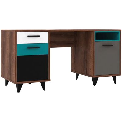 Carryhome Schreibtisch - Grau, Grün, Weiß, Dunkel Eiche - 2 Schubladen, Offene Ablage - 150x74x60cm Carryhome Schreibtisch - Grau, Grün, Weiß, Dunkel Eiche - 2 Schubladen, Offene Ablage - 150x74x60cm