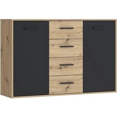 Buffet PILVI - Style contemporain - Particules mélaminé - Décor chêne et noir - 2 portes + 4 tiroirs - 122,6cm - Publicité Buffet PILVI - Style contemporain - Particules mélaminé - Décor chêne et noir - 2 portes + 4 tiroirs - 122,6cm - Publicité