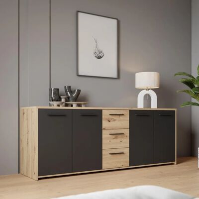 PILVI Zeitgenössischer Buffet - Schwarz & Naturholz - 4 Türen 3 Schubladen PILVI Zeitgenössischer Buffet - Schwarz & Naturholz - 4 Türen 3 Schubladen