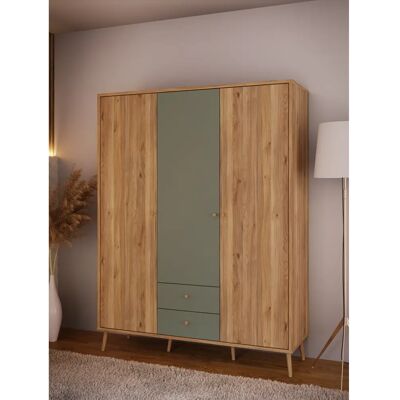 FORTE Kleiderschrank - Salbei - 3 Türen, 2 Schubladen, 5 Regale - Schrank FORTE Kleiderschrank - Salbei - 3 Türen, 2 Schubladen, 5 Regale - Schrank