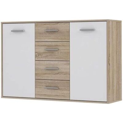 Buffet PILVI - Blanc et chêne Sonoma - 2 portes, 4 tiroirs - 122,6x34,2x88,1 cm - Publicité Buffet PILVI - Blanc et chêne Sonoma - 2 portes, 4 tiroirs - 122,6x34,2x88,1 cm - Publicité