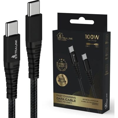 Extralink USB-C-Kabel - 2m, Schwarz, 100W, Geflochten, USB 2.0 Extralink USB-C-Kabel - 2m, Schwarz, 100W, Geflochten, USB 2.0