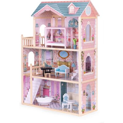 Drewniany domek dla lalek ECOTOYS - 3 poziomy, 4 pokoje, 11 meble Drewniany domek dla lalek ECOTOYS - 3 poziomy, 4 pokoje, 11 meble