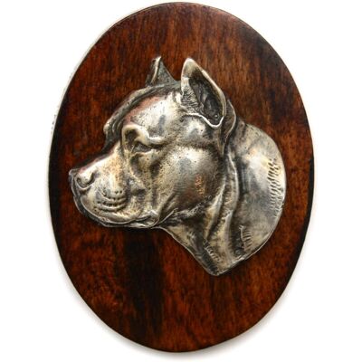 Amstaff - Amstaf II - Drewniana baza - Srebrna głowa psa - Pin Amstaff - Amstaf II - Drewniana baza - Srebrna głowa psa - Pin
