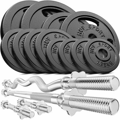 Ensemble de poids Strong 66kg - Disques & Barres pour Salle de Sport - Publicité Ensemble de poids Strong 66kg - Disques & Barres pour Salle de Sport - Publicité