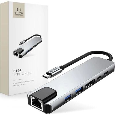 Tech-Protect HB02 Hub Adapter - 6-in-1 USB-C HDMI Ethernet Power Tech-Protect HB02 Hub Adapter - 6-in-1 USB-C HDMI Ethernet Power