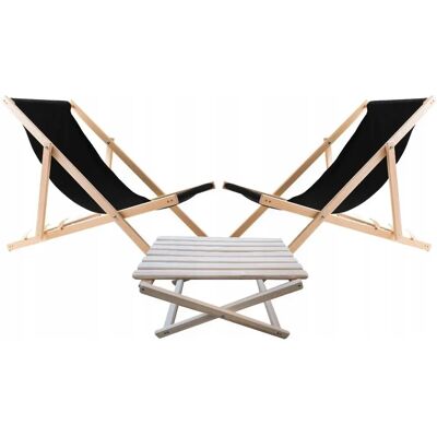 Woodok - 2 Sun Loungers Coffee Table - Wood - Black - Garden Set Woodok - 2 Sun Loungers Coffee Table - Wood - Black - Garden Set