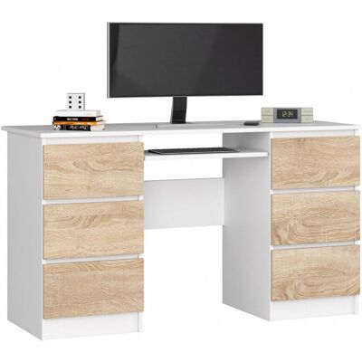 Bureau AKORD Blanc Chêne - 6 tiroirs, 135x77 cm - Publicité Bureau AKORD Blanc Chêne - 6 tiroirs, 135x77 cm - Publicité