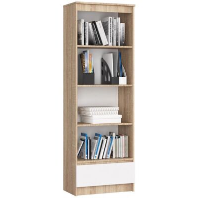 Libreria da ufficio AKORD Sonoma/Bianco - 60cm, 4 ripiani, 1 cassetto Libreria da ufficio AKORD Sonoma/Bianco - 60cm, 4 ripiani, 1 cassetto