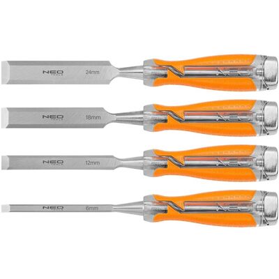 NEO tools 37-900 metalowe dłuto - Zestaw 4 dłut do drewna z ostrzami 6, 12, 18, 24 mm, stal chrom-vanadium, dwuskładnikowa rączka, w pudełku NEO tools 37-900 metalowe dłuto - Zestaw 4 dłut do drewna z ostrzami 6, 12, 18, 24 mm, stal chrom-vanadium, dwuskładnikowa rączka, w pudełku