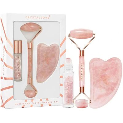 Crystallove Rosenkvarts Skjønnhetssett - Ansiktsrulle, Gua Sha & Fyllbar Roll-on Crystallove Rosenkvarts Skjønnhetssett - Ansiktsrulle, Gua Sha & Fyllbar Roll-on